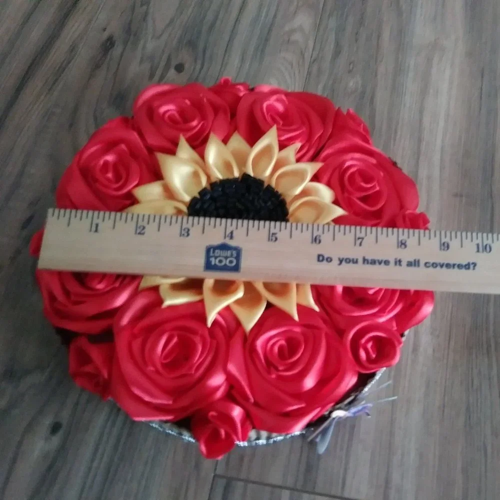 Eternal red satin rose floral arrangement, love box 8 red roses, 1 sunflower